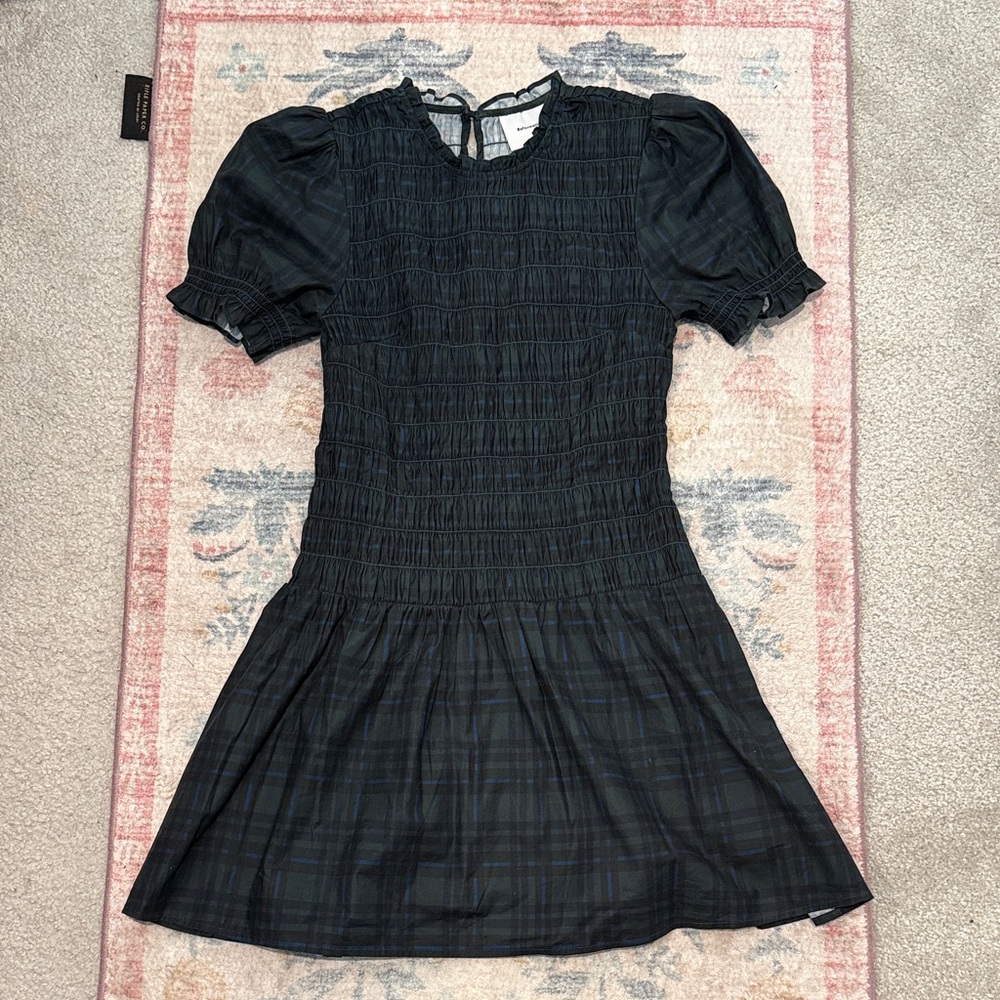 Reformation Leannah smocked cotton plaid mini cotton dress in Forest Plaid